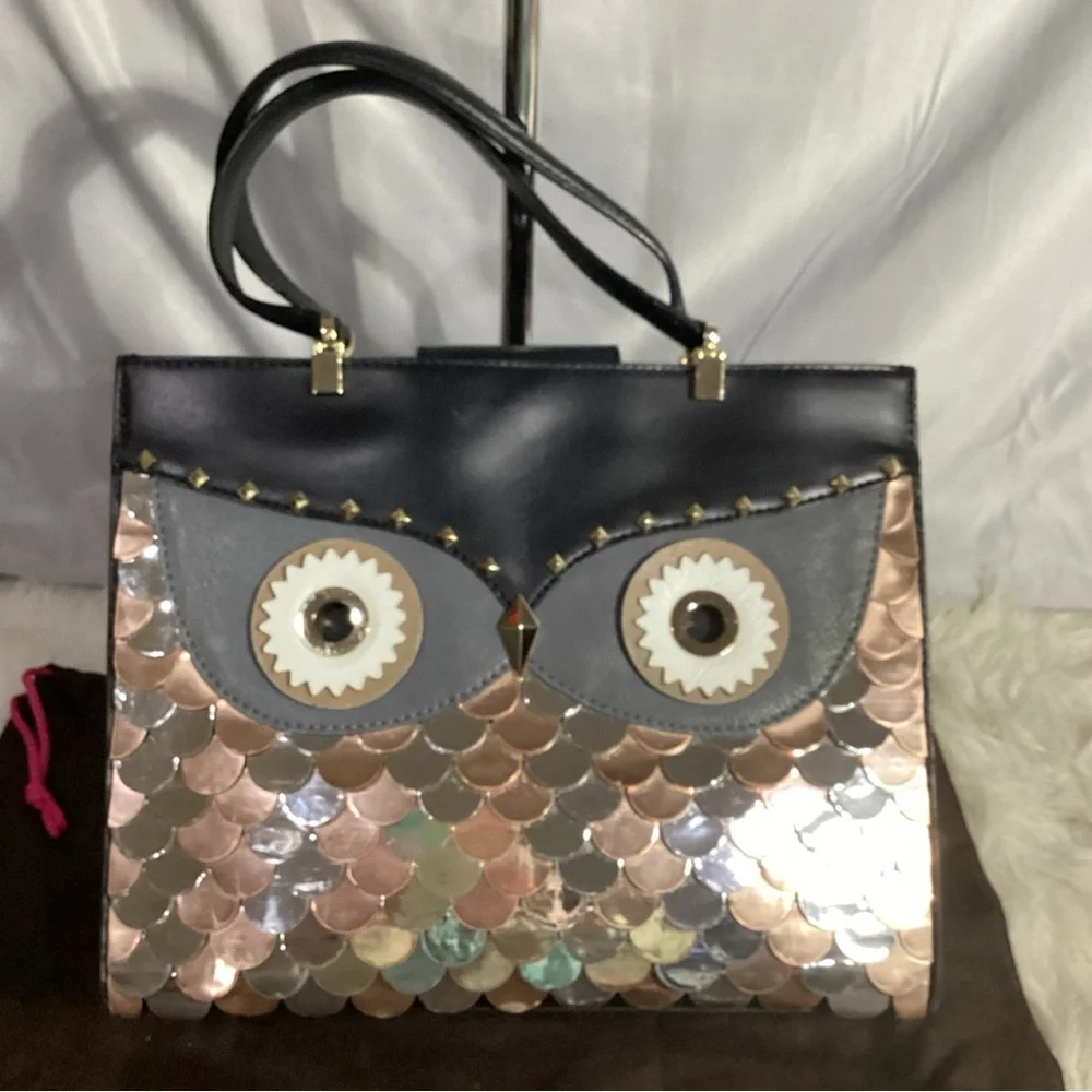 Kate Spade Wise Quinn Metallic Owl Leather Tote Shoulder Bag Ultra Rare
